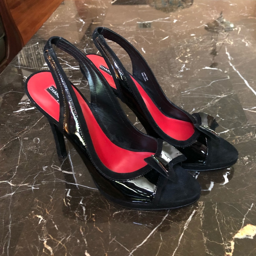 NWT Patent leather and suede sling back slittetos